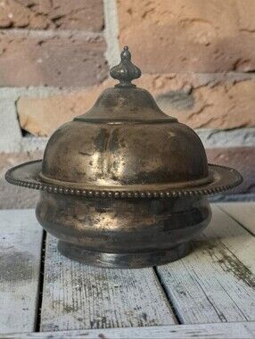 Vtg Silver Plated Serving/Butter/Candy Dish w/Lid Glass Insert Victorian 5x6"